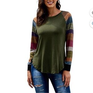 Colorful Sleeve Olive Green Long Sleeve Top